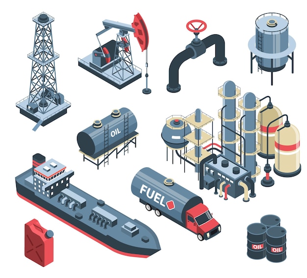 Conjunto de industria petrolera isométrica con imágenes aisladas de instalaciones de plantas de fábrica y unidades de almacenamiento ilustración vectorial