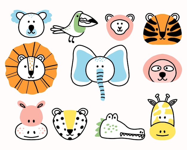 Conjunto infantil de animales en estilo doodle ilustración vectorial conjunto de animales de la selva