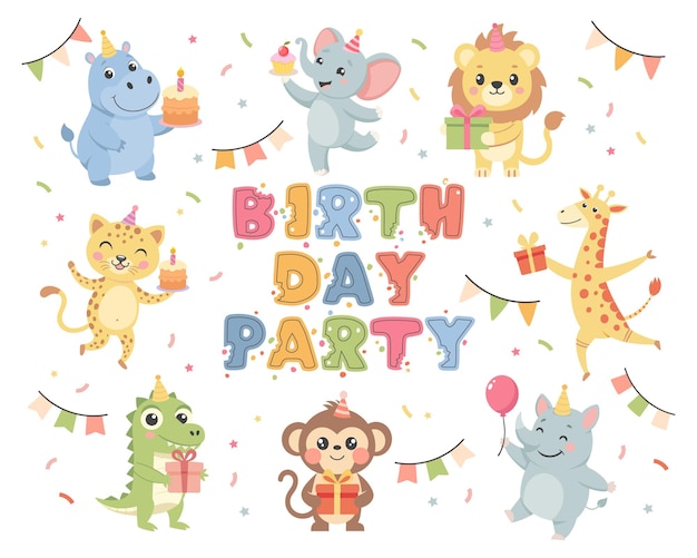 Conjunto infantil con animales lindos Fiesta de cumpleaños feliz animales bebés en sombreros de fiesta pasteles cajas de regalos