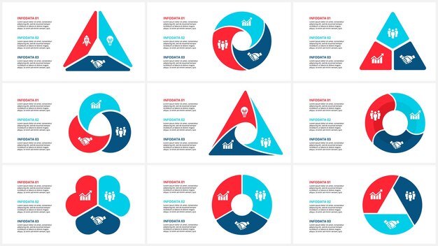 Conjunto de infografía geométrica vectorial plantilla para diagramas de ciclo con 3 opciones de pasos o procesos