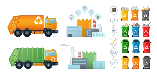 Vector conjunto de infografía de gestión de residuos camión de basura planta de incineración de basura contenedor de fábrica de residuos