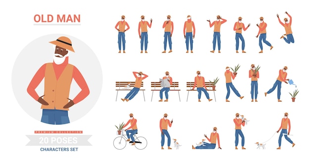 Conjunto de infografía de poses de anciano negro afroamericano senior