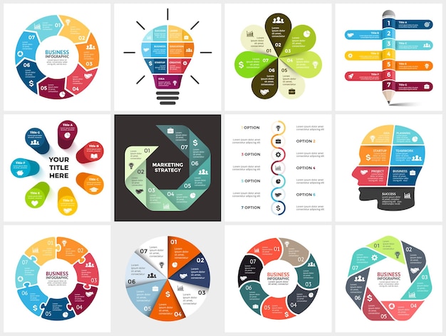 Vector conjunto de infografía vectorial plantilla de presentación diagrama circular gráfico 7 opciones pasos