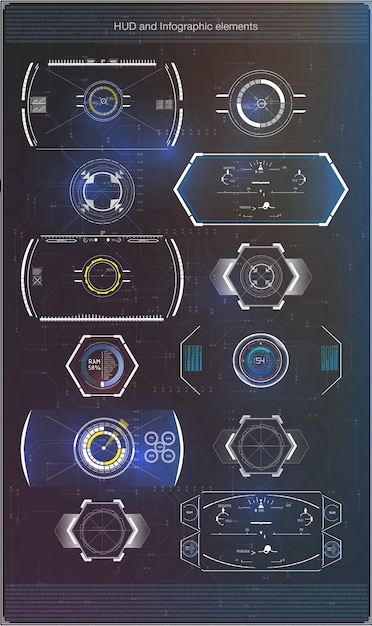 Conjunto de infografías azules futuristas como head-up display.
