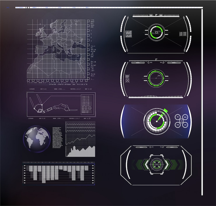 Vector conjunto de infografías azules futuristas como pantalla de cabeza arriba. mostrar elementos de navegación para la web y la aplicación. interfaz de usuario futurista