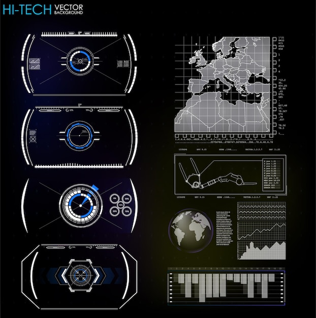 Vector conjunto de infografías azules futuristas como pantalla frontal mostrar elementos de navegación