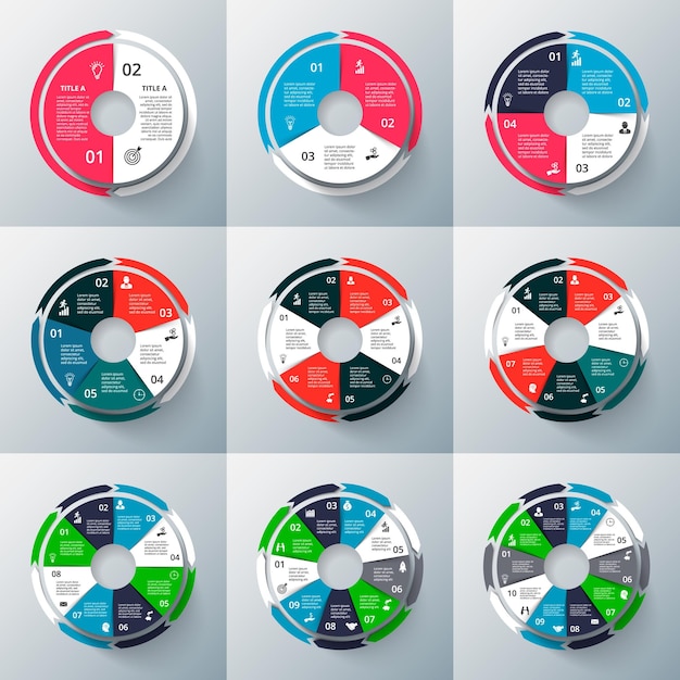 Conjunto de infografías de círculo vectorial Diagramas con 2 3 4 5 6 7 8 9 y 10 pasos o procesos