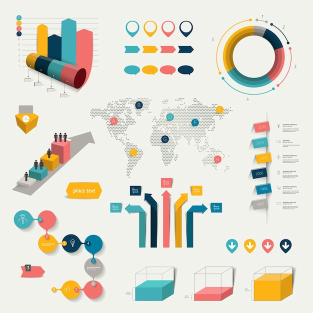 Vector conjunto de infografías. mapa mundial y elementos de marca.
