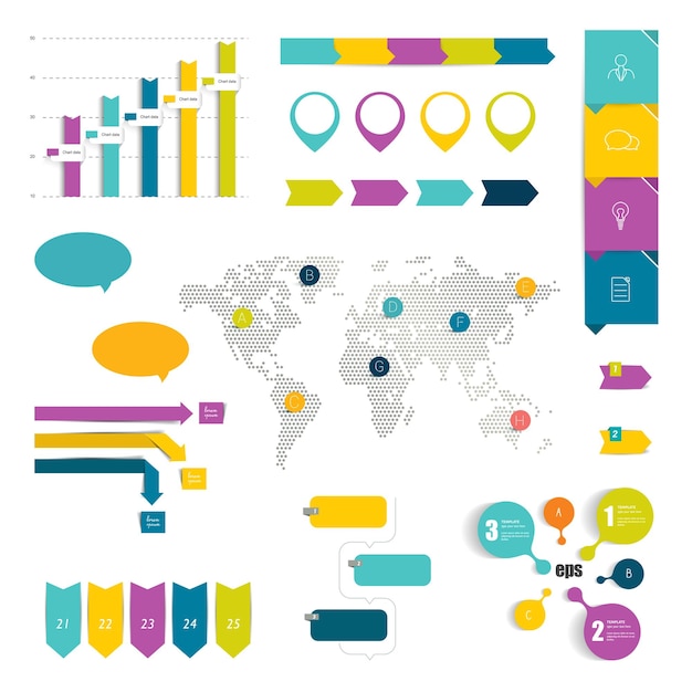 Conjunto de infografías. Mapa mundial y elementos de marca.