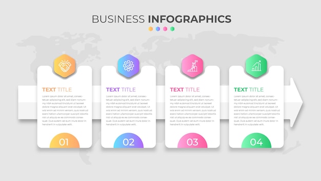 Un conjunto de infografías de negocios de 4 pasos con diferentes formas de color degradado