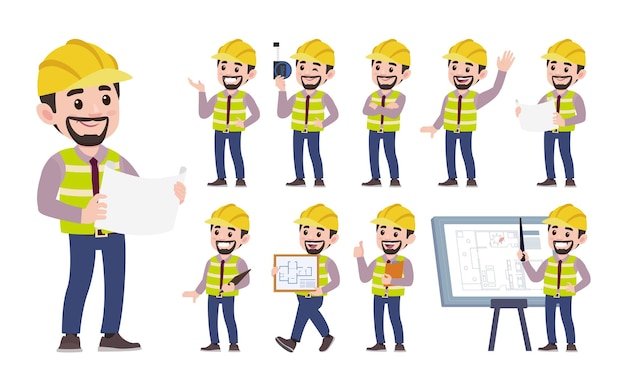 Conjunto de ingeniero con diferentes poses.