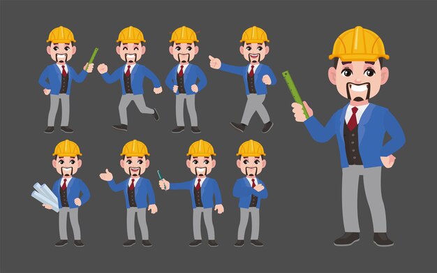 Conjunto de ingeniero con diferentes poses.