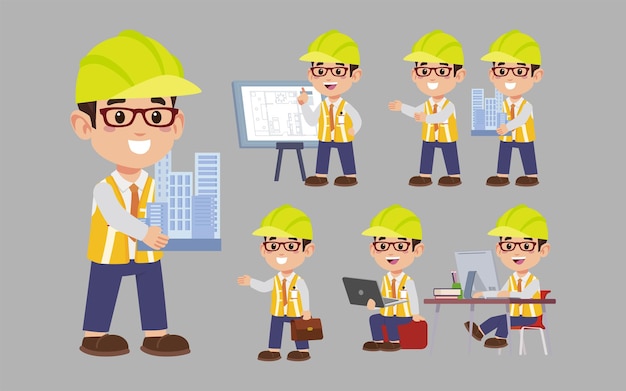 Vector conjunto de ingeniero con diferentes poses.