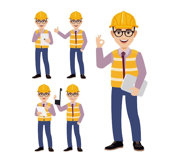 Conjunto de ingeniero con diferentes poses.