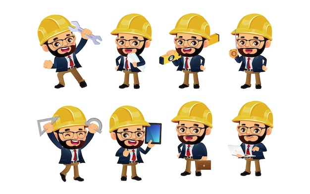 Vector conjunto de ingeniero con diferentes poses.