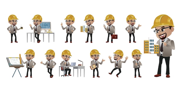 Conjunto de ingeniero con diferentes poses.