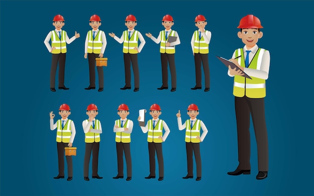 Conjunto de ingeniero con diferentes poses.