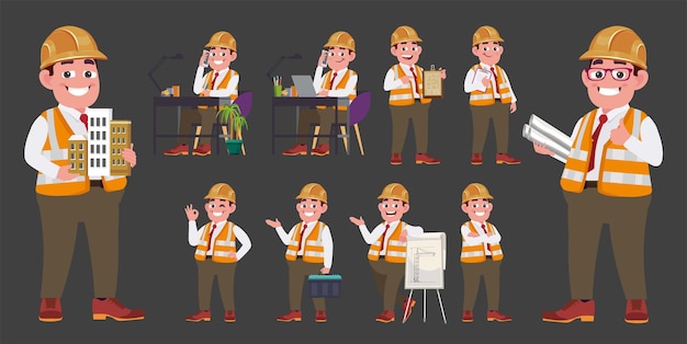 Conjunto de ingeniero plano con diferentes poses.