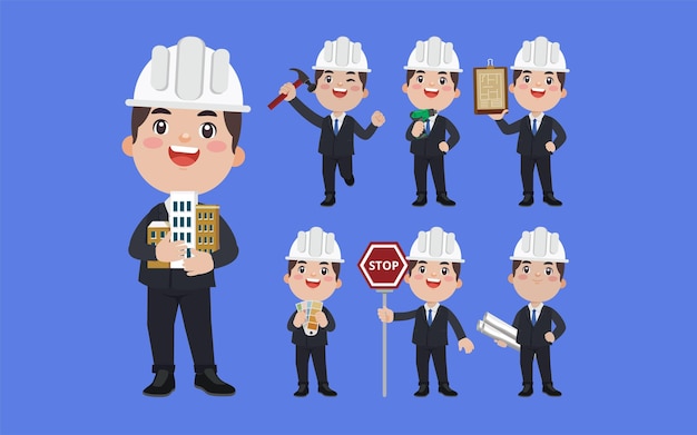 Conjunto de ingeniero plano con diferentes poses.