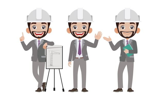 Vector conjunto de ingeniero plano con diferentes poses.