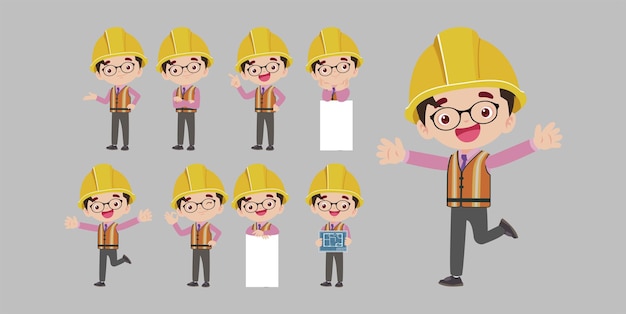 Conjunto de ingeniero plano con diferentes poses.