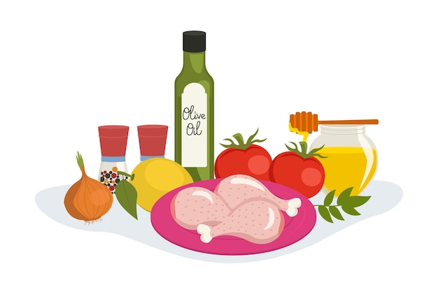 Conjunto de ingredientes alimentarios para cocinar platos con carne y verduras gráfico vectorial