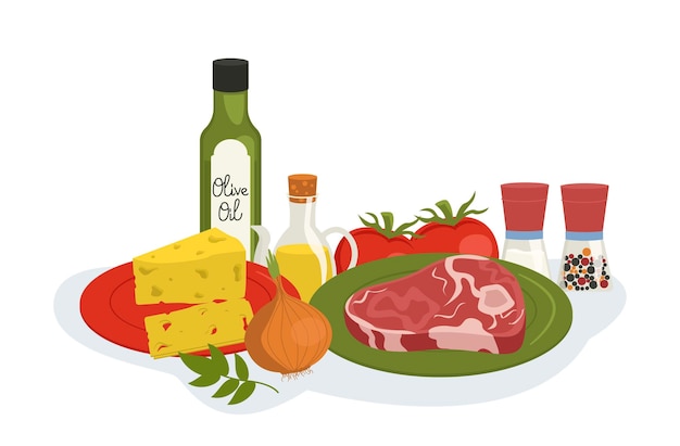 Conjunto de ingredientes alimentarios para cocinar platos con carne y verduras gráfico vectorial