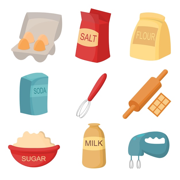 Conjunto de ingredientes para hornear Harina huevo roto huevos de leche en un tazón masa de mantequilla y rodillo batidor vaso de precipitados Preparación de elementos de dibujos animados de alimentos Ilustración vectorial