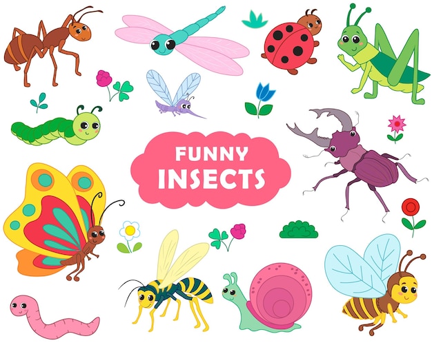 Vector conjunto de insectos en una divertida ilustración de vector de estilo de dibujos animados