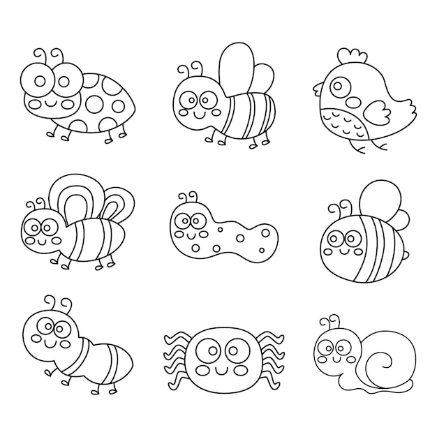 Conjunto de insectos divertidos dibujos animados lindo bug y caracol aislado sobre fondo blanco