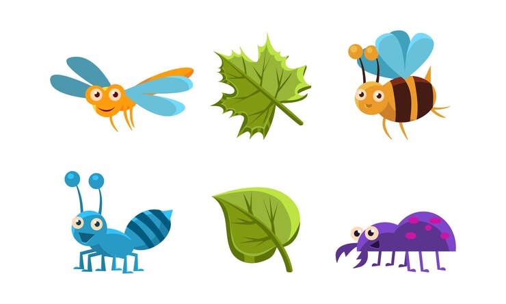 Vector conjunto de insectos graciosos y hojas verdes libélula avispa abeja y araña con caras graciosas bichos lindos elementos gráficos para niños libro ilustraciones coloridas de vectores planos aisladas sobre fondo blanco