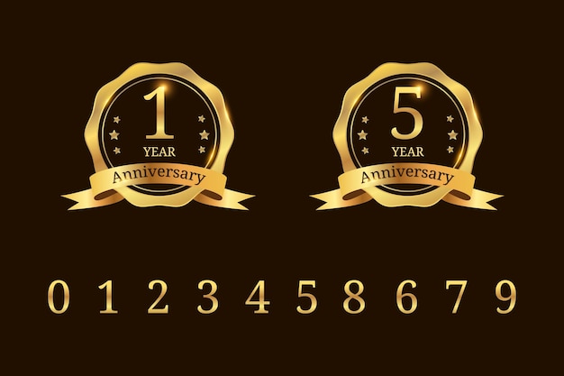Conjunto de insignia dorada y etiqueta para la celebración del aniversario