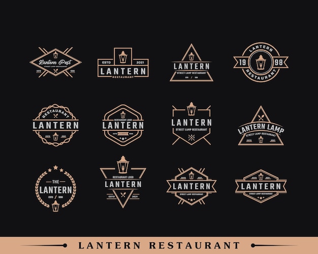 Vector conjunto de insignia de etiqueta retro vintage clásica para lámpara de calle de poste de linterna con logotipo de restaurante de horquilla