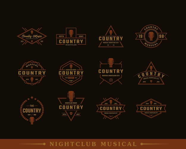 Conjunto de insignia de etiqueta retro vintage clásica para música de guitarra country western saloon bar cowboy logo