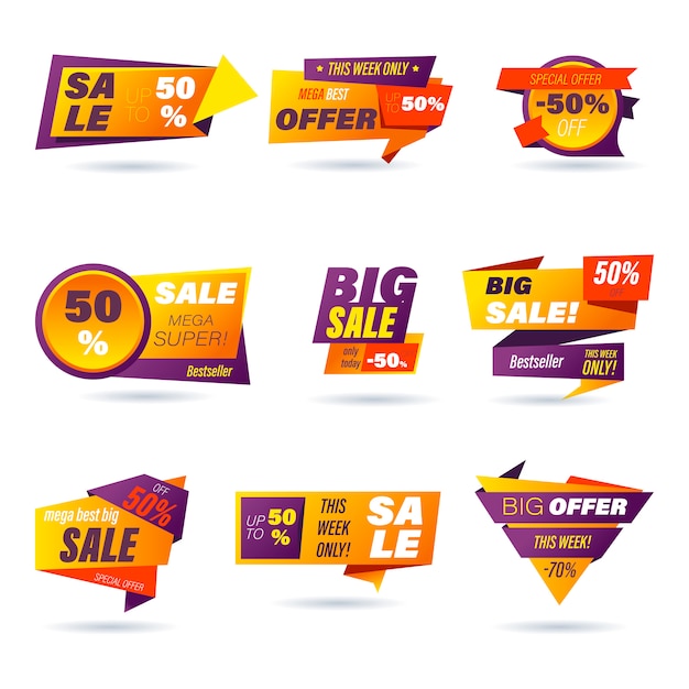 Conjunto de insignia de venta minorista. Estilo de origami de compras en línea para anuncios de redes sociales y pancartas, insignias de sitios web, marketing, etiquetas y pegatinas para la plantilla de promoción de productos. ilustración.