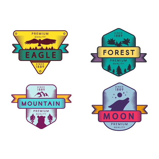 Conjunto de insignias de águila y bosque luna y montaña