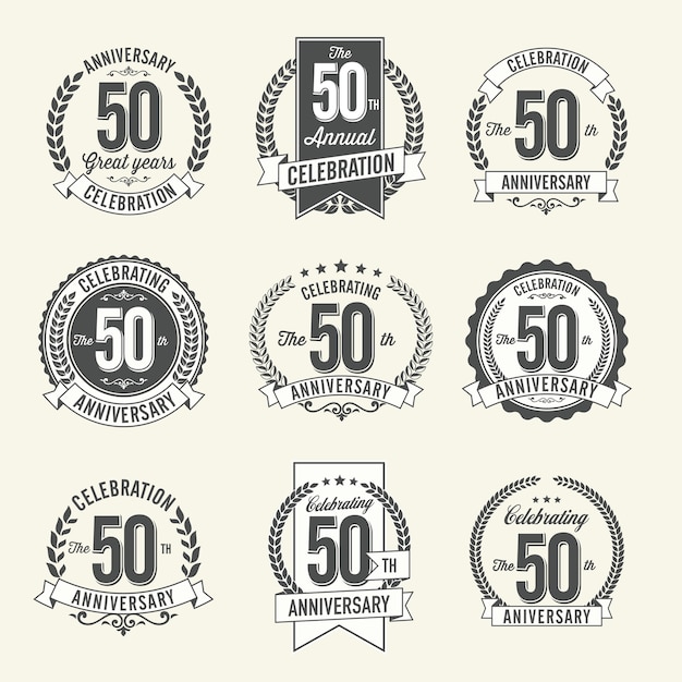 Vector conjunto de insignias de aniversario vintage celebración del año. en blanco y negro.