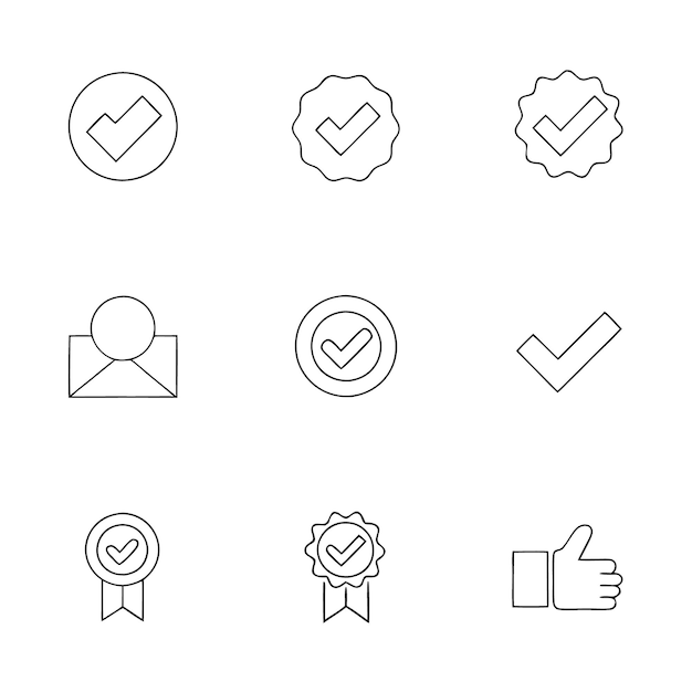 conjunto de insignias de aprobación de marcas de comprobación y iconos de contorno de pulgar para la validación y la garantía de calidad