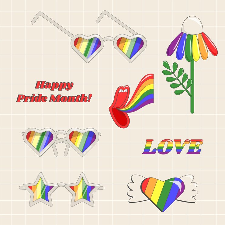 Vector un conjunto de insignias para celebrar el mes del orgullo la tarjeta postal del mes del orgull estilo groovy