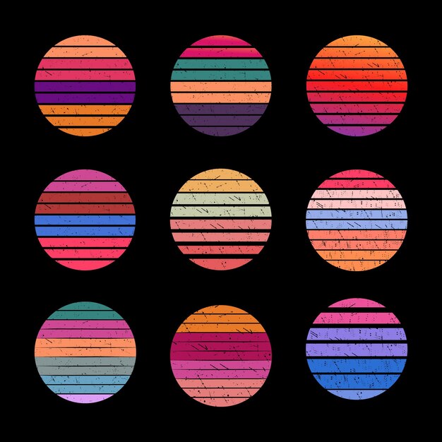 Conjunto de insignias círculos de colores degradados abstractos aislados sobre fondo oscuro estilo retro de los años 70 y 80