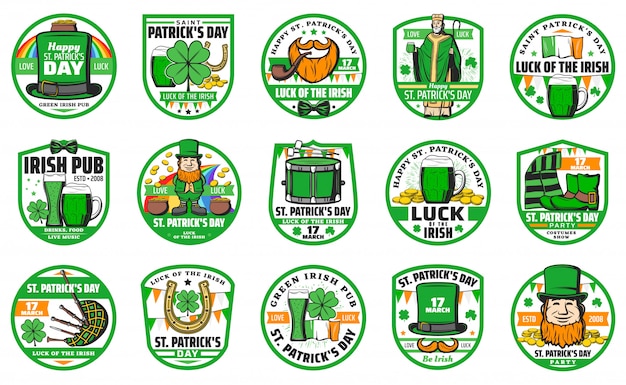 Conjunto de insignias del día de san patricio y vacaciones irlandesas