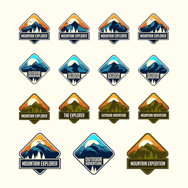 Conjunto de insignias de emblemas de viajes de montaña clásico vintage nueve