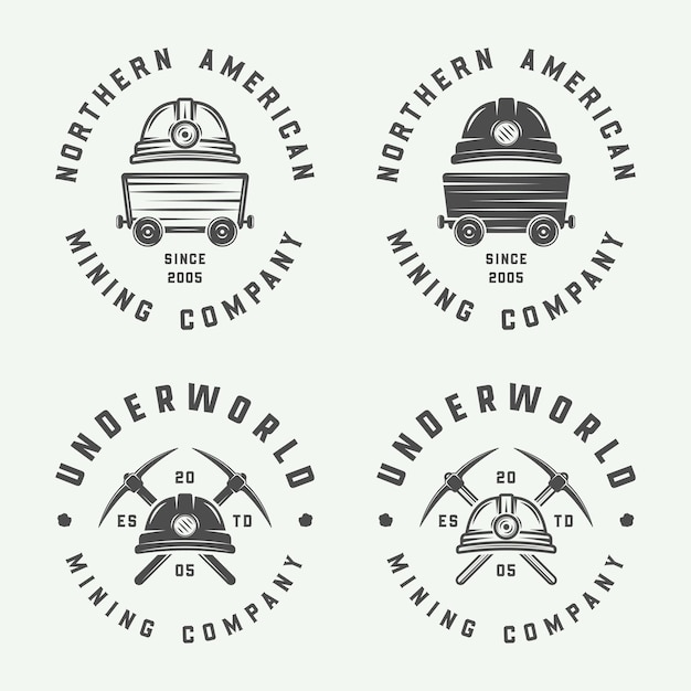 Conjunto de insignias y etiquetas de logotipo retro de minería o construcción en estilo vintage
