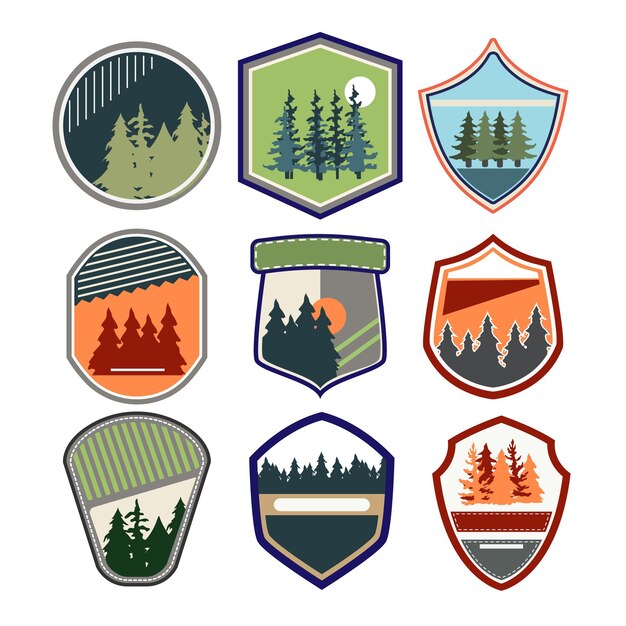 conjunto de insignias forestales retro ilustración vectorial de dibujos animados