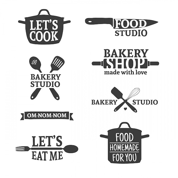Conjunto de insignias hechas a mano retro vintage y elementos de logotipo, símbolos retro para panadería, club de cocina, estudio de comida o cocina casera. Logo de plantilla con silueta cubiertos. .