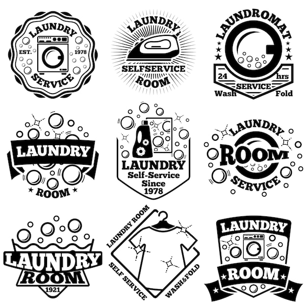 Conjunto de insignias de lavandería. Con burbujas, lavandería, detergente, etc.