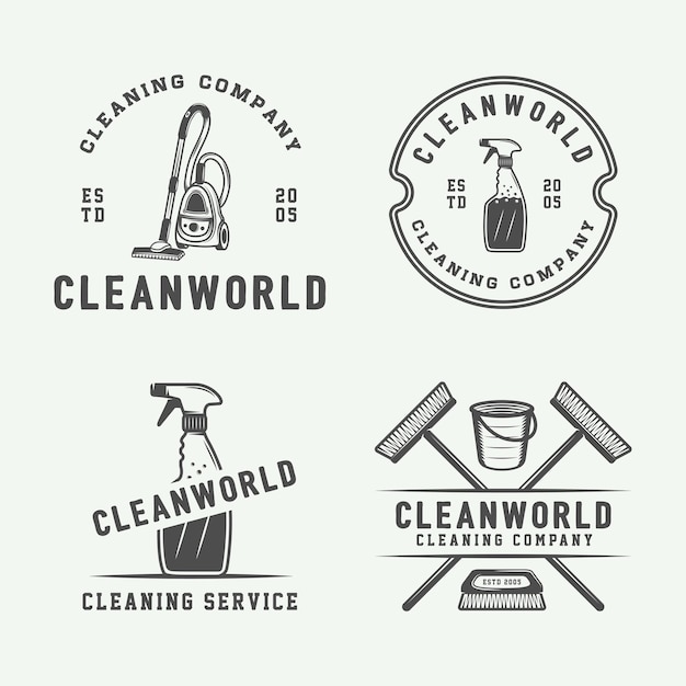 Conjunto de insignias de logotipo de limpieza retro emblemas y etiquetas en estilo vintage Monocromo