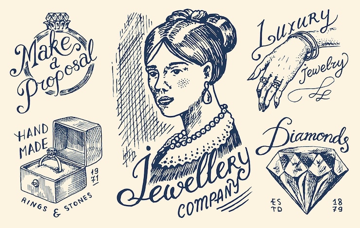 Vector conjunto de insignias y logotipos de joyería para mujer, accesorios de lujo, anillos de boda, mujer victoriana y