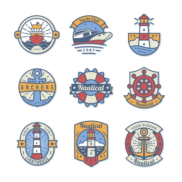 Vector conjunto de insignias de mar de estilo plano aislado