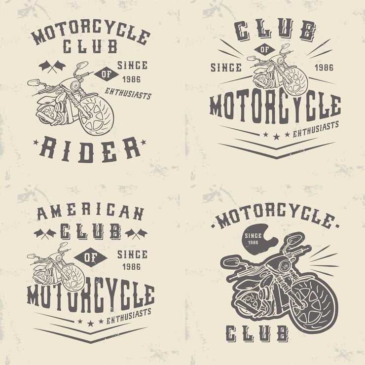 Un conjunto de insignias con una motocicleta Ilustración vectorial para imprimir en camisetas